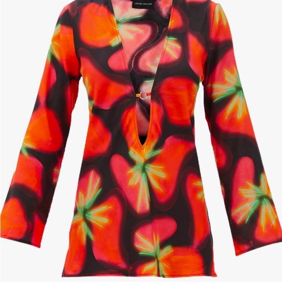 Louisa Ballou Dresses & Skirts - Louisa Ballou Long Sleeve V-Neck Dress in Red, Black & Green Floral Print